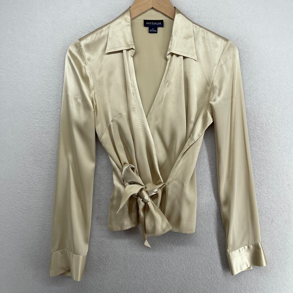 Ann Taylor Champagne Satin Wrap Blouse Runs Small